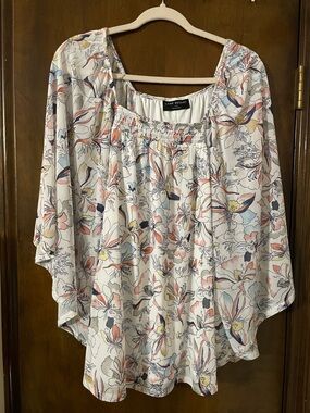 Lane Bryant White Floral Smocked Neck Peasant Top - Multicolor Floral